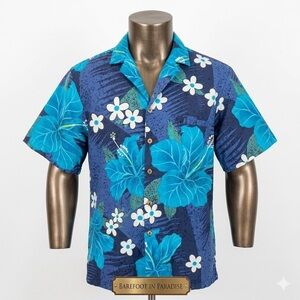 Barefoot in Paradise Vintage Men’s Blue Hawaiian Floral Shirt Size Large USA
